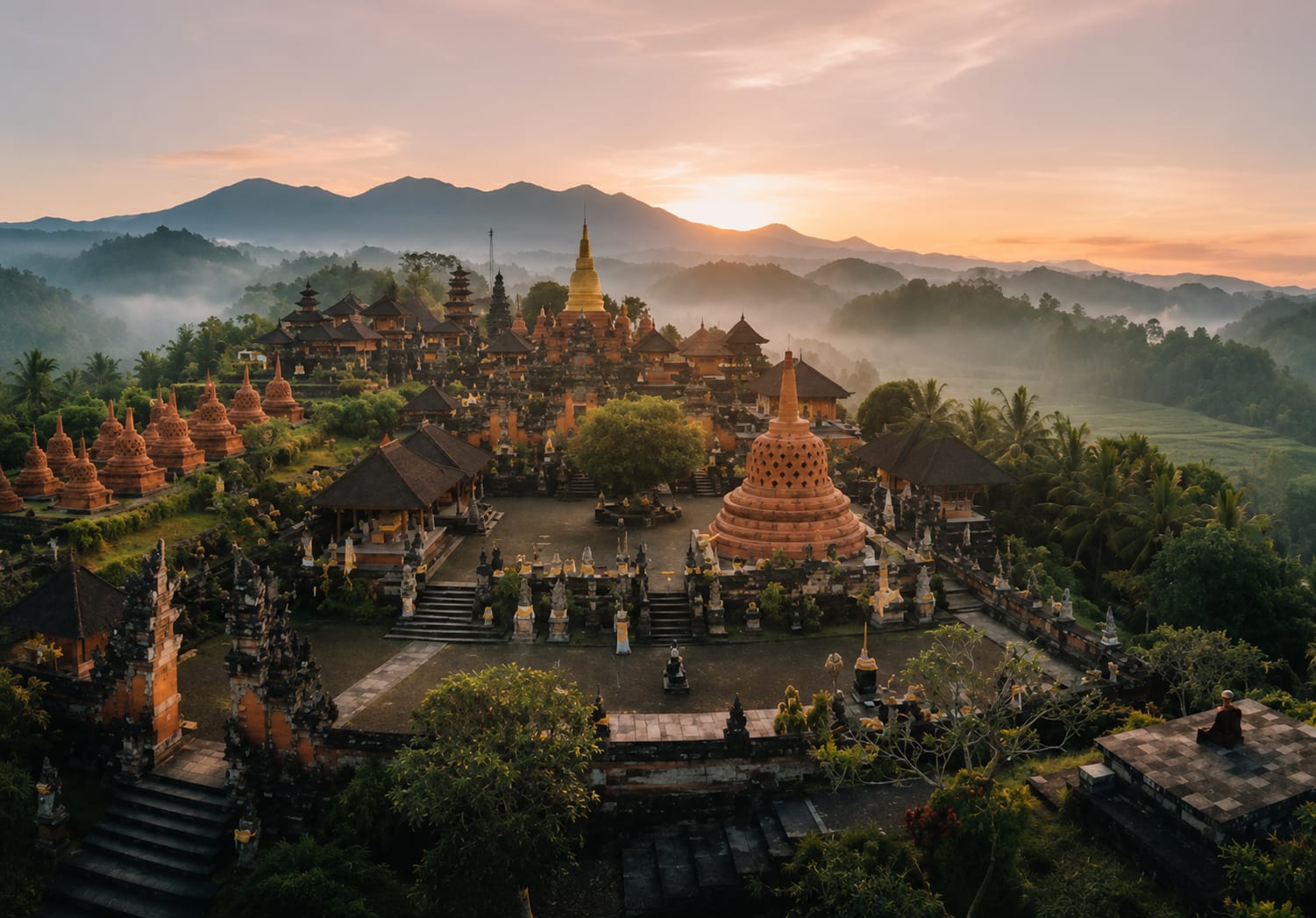 Aerial view of Brahmavihara Arama temple complex at sunrise
